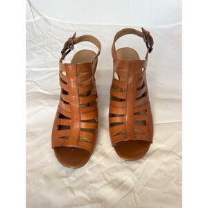Franco Sarto Women Tan Leather Cage Heeled Slingback Sandals Size 8.5